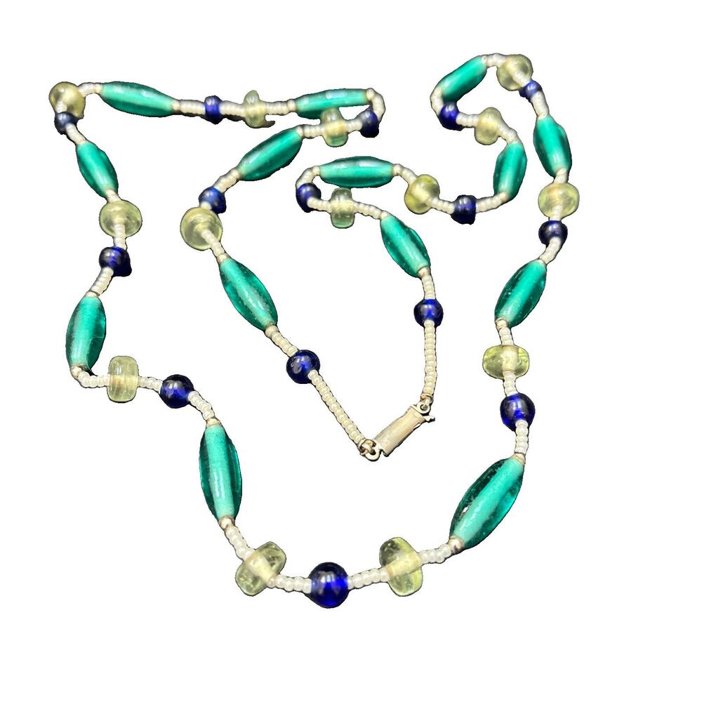 Vintage Green & Blue Art Glass Beaded Necklace 34” Long Art Glass Beads Jewelry